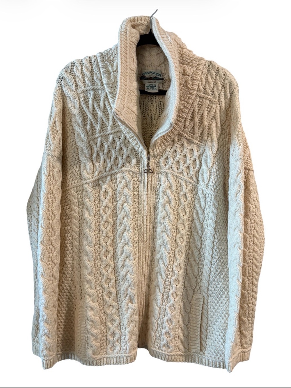 Aran Crafts Irish Wool Cable Knit Zip Up Cardigan 100% Merino Wool L
